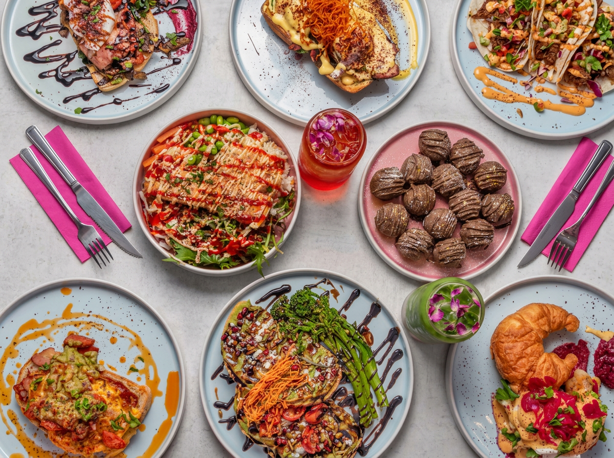 Rose N' Brew flat lay of signature brunch dishes and drinks